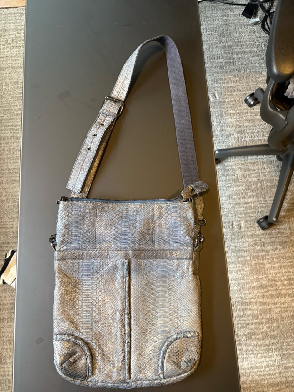 Metallic Gray Snake-Embossed Crossbody Bag